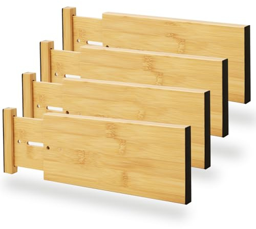 BAMEOS 4 High Bamboo Drawer Dividers - Adjustable Small Drawer Organizer - Kitchen, Dresser, Bathroom, Bedroom & Office - 4-pack