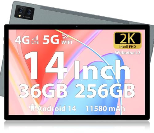 FORUSER Tablet 14 Zoll Android 14 mit Incell 2K Tablets, 36(12+24) GB RAM +256GB ROM (2TB TF), 11580mAh Akku, Octa-Core, 4G Dual SIM/5G WiFi/GPS,Tablet mit Stift und Hülle(Grau)