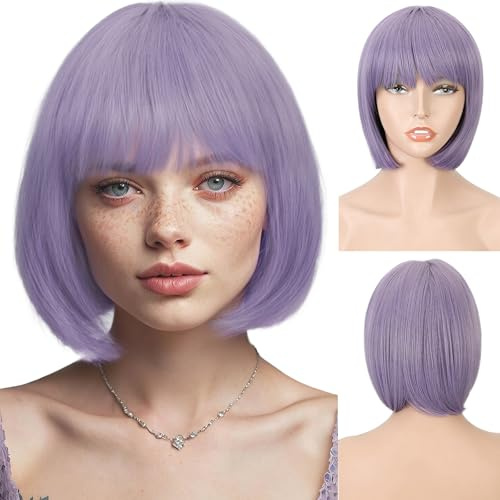 Creamily Short Bob Purple Wig with Bangs, Colorful Wig for Halloween Daily Cosplay & Party Use, Natural Hair Straight Synthetic Cosplay Party Wigs for Women 10 Inches