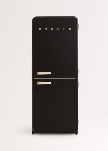 CREATE / RETRO FRIDGE COMBI 185 SAND/Réfrigérateur combiné noir avec poignée couleur sable et congélateur 401L / 190W, système No Frost, 3 étagères, 2 tiroirs, 70x65x185 cm