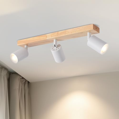 LVWIT Faretti LED da Soffitto Orientabili Bianco, Faretto da Interno con 3 LED in Alluminio GU10, Base di Legno, Faretti Soffitto Retrò per Barra, Salotto,Cameretta, Cucina (Lampadine Escluse)