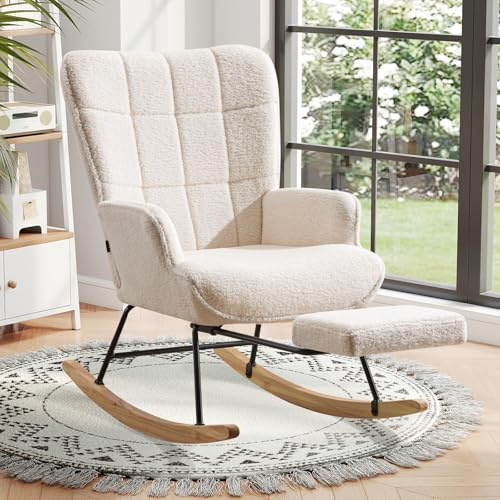 Ckaff Schaukelstuhl mit Fußstütze, Stillsessel mit Fußstütze, Möbel Sessel Schaukelstuhl, skandinavisch, aus Massivholz, für Kinderzimmer, Wohnzimmer, Balkon, Elfenbeinweiß