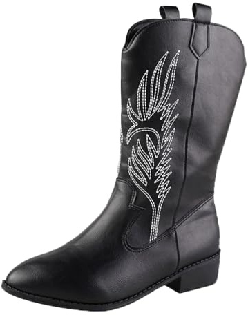 Generiska halvstövlar dam med klack, cowboystövlar dam, medelhög, traditionell stövlar, broderi, lackläderstövlar, fashionabla västerländska stövlar, ridstövlar, höst, vinter, cowgirl stövlar, långa
