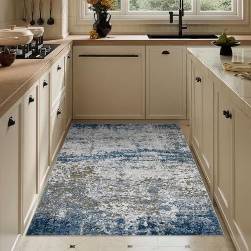 CAROMIO Waschbarer Fußmatte 60 x 100cm, Moderner Abstracter Teppich für den Eingangsbereich, rutschfeste zusammenlegbare Auslegeware für die Küche, Flachgewebe-Innenmatte, Blau