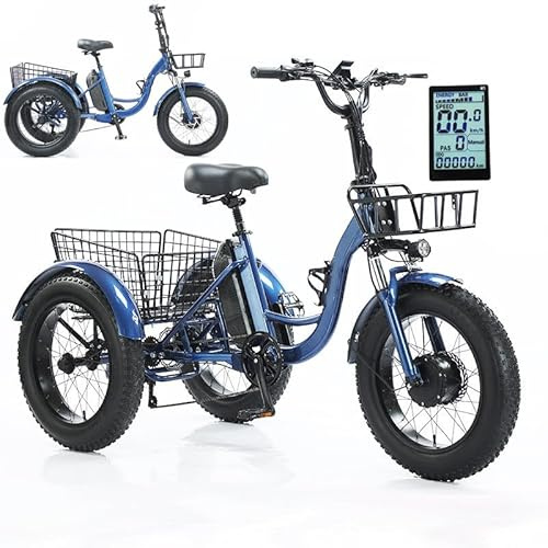 YhsPkAh Triciclo Eléctrico De 20 Pulgadas con Neumáticos Gruesos - Carga Máxima: 150 Kg, Rueda De Nieve De Triciclo con Soporte De Pedal Y Banco De Energía Móvil, Pantalla LCD A