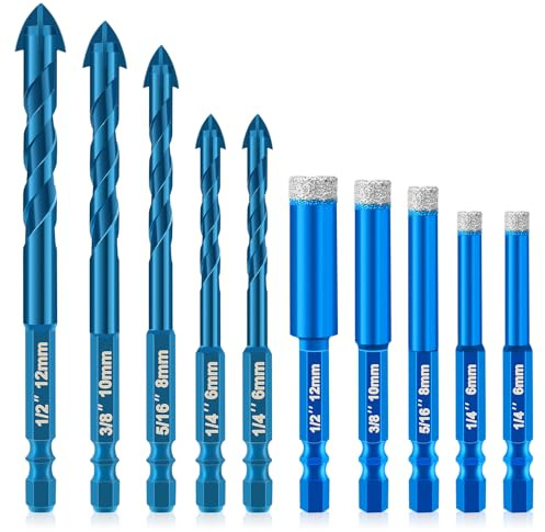 10 Stück Fliesenbohrer Steinbohrer Set,Diamantbohrer Glasbohrer 5/6/8/10/12/14/16mm und 6/8/10/12mm Dreiecksbohrer Set für Granit,Glas,Fliesen,Stahl,Beton