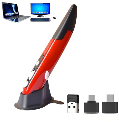 Ouitble Ratón inalámbrico Tipo bolígrafo, lápiz óptico ergonómico para computadora USB, Piezas de PC, de Seguimiento óptico Vertical de 2,4G, dpi Ajustable para usuarios de (Rojo)