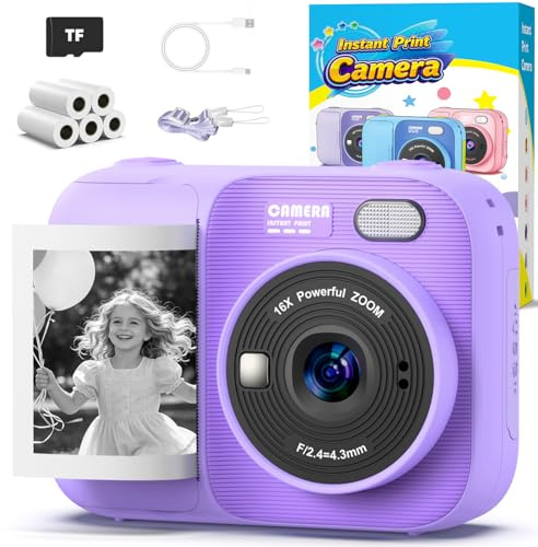 Kids Instant Print Camera with 5 Rolls Print Paper, 1080P HD Camera, Rechargeable Portable Toddler Selfie Camera, Christmas Birthday Gifts Toys for Boys Girls Age 3-12 (Purple)