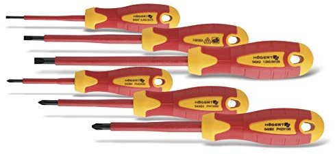 HÖGERT TECHNIK Juego de 6 destornilladores aislantes magnéticos con mango antideslizante, destornillador Phillips y destornillador plano 1000 V, STAL S2, rojo/amarillo