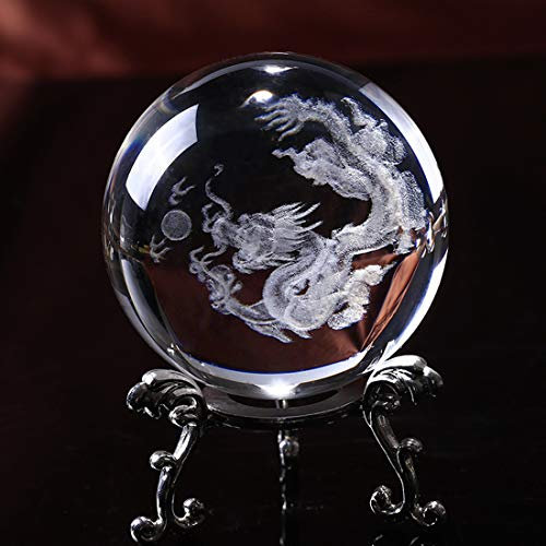 HDCRYSTALGIFTS Briefbeschwerer mit 3D-Schnitzerei, chinesischer Drache, Kristallkugel, Glas, mit versilbertem Blumenständer, 60 mm