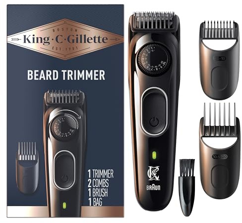 King C. Gillette Cordless Beard Trimmer for Men, Kit includes 1 Trimmer, 3 Interchangeable Combs, 1 Cleaning Brush, 1 Charger, 1 Travel Bag, BLUE