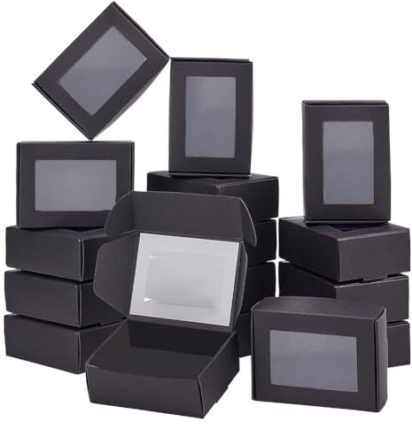BENECREAT 30 Pack Schwarze Kraft Geschenkboxen ，8.5x6x3cm Kraftpapierboxen mit klarem Fenster für Schmuck Speicher Display, Hochzeit, Valentinstag，Weihnachten，Partygeschenke