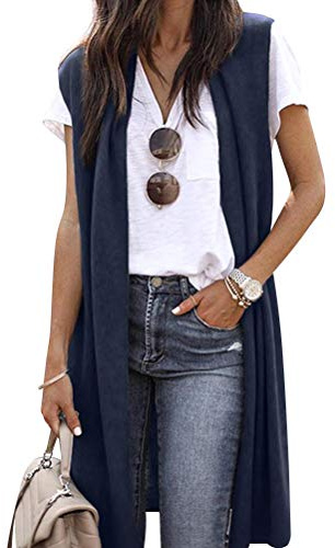 Dresswel Womens Sleeveless Cardigan Ladies Draped Open Front Long Waistcoat Jacket Blazer Vest Coat (1-Navy, L)