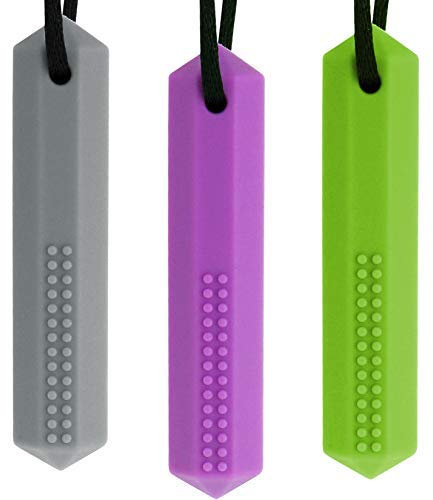 Collana da masticare sensoriale (confezione da 3), ciondolo in cristallo di silicone Gioielli masticabili Ausili motori sensoriali orali per ragazzi e ragazze con autismo(grigio, viola, verde)