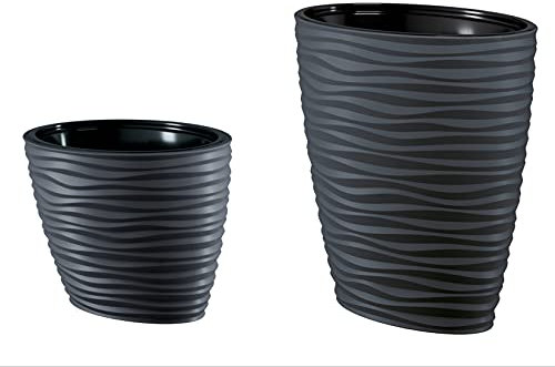 Pflanzkübel Slim Oval 3DEffekt Wellen Farbe: Anthrazit Blumekübel mit Herausnehmbaren Einsatz Hoch Set 2: XL+XXL