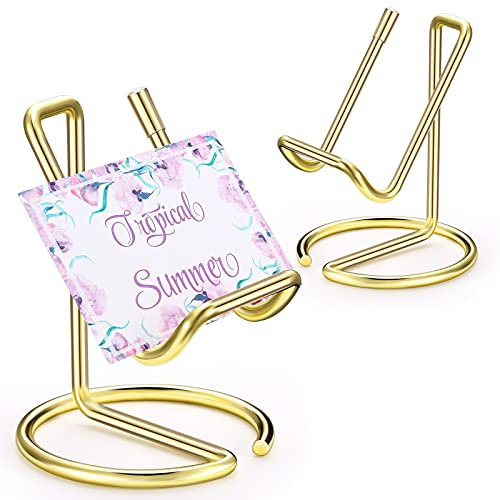 2 Pieces Metal Business Card Holder for Desk, Cell Phone Stand, Elegant Line Business Card Display Holder Stand, Office Desktop ID Name Organizer