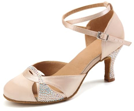 AOQUNFS Chaussures de Danse Femme Bout Fermé Strass de Salon Standard Caractère Chaussures pour Latine Salsa Tango Bachata Valse,L157-Beige-7.5,42EU