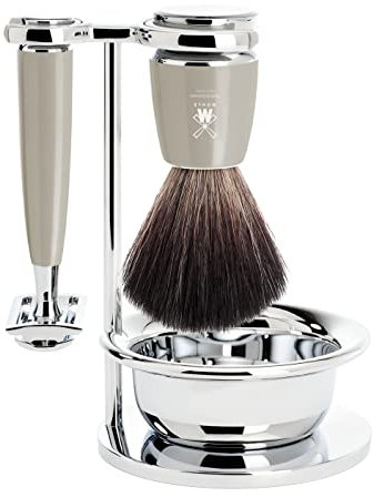 MÜHLE Rytmo Rasierset - Rasierhobel, Rasierpinsel Black Fibre, Halterung mit Schale - Griffe Edelharz in melange - vegan