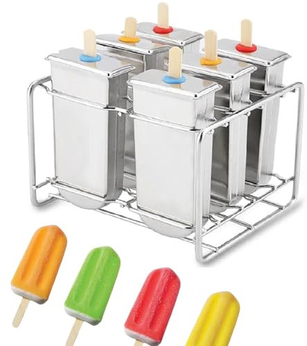MOUMOUTEN Molde para helados, molde para polos de acero inoxidable con base de apoyo, 6 moldes de punta redonda reutilizables, con 50 palitos de helado, 20 bolsas de helado, 1 pincel