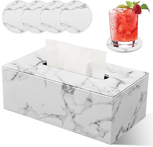 LADSTAG Taschentuchbox Taschentuchspender Kosmetiktücher Box aus PU Leder, Taschentücher Box Tissue Cover Tücherbox Rechteckige 25×13,5×9,5 cm, Lieferung mit 4 Untersetzern als Geschenk(Marmor)