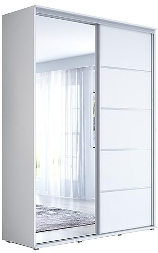 Meble Slupia Schwebetürenschrank mit Spiegel Kleiderschrank - Schiebetürenschrank mit Kleiderstange und Einlegeboden – Schlafzimmerschrank - Schiebetüren - 140x242x61cm, Weiß