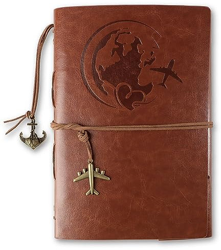 GEBETTER Carnet de Note Cuir A5 Journal à Spirale Rechargeable Vintage Carnet de Voyage Brun Rétro Agenda Croquis Dessin Cadeau pour Anniversaire Noël Fille Garçon Ami Proche (Motif d'Avion)