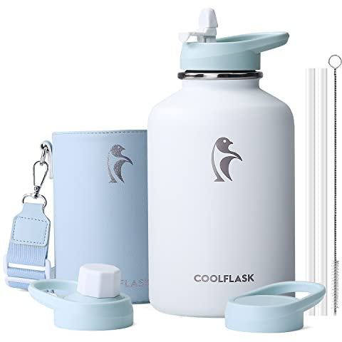 Coolflask Borraccia Termica 2L in Acciaio Inox con Custodia Pelle PU e Coperchio Cannuccia, Borraccia Isolata per Sport Palestra Campeggio Trekking Viaggio, Mantiene Freddo 48h Caldo 24h, Bianco