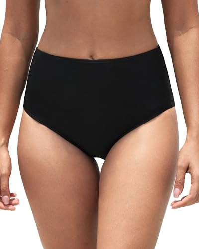 Dipinon Women's Black High Waisted Bikini Bottom Full Coverage Bathing Suit Swim Bottoms Tummy Control Swimsuit Shorts L