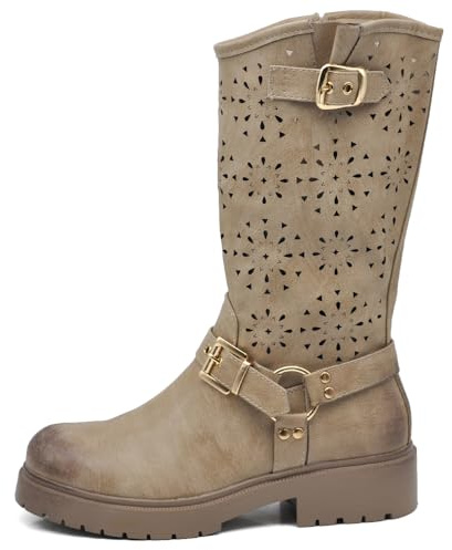 IF Fashion Zapatos de mujer Botas de primavera verano perforadas en el tobillo Biker Motociclista con cadena correa D7910, 688 62 Khaki, 38 EU