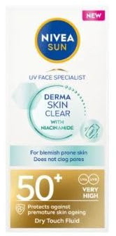 NIVEA Sun – UV-Flüssigkeit für Gesicht Derma Skin Clear LSF 50+ – Sonnenschutz UVA/UVB – beugt Akne vor, nicht komedogen – Niacinamid – leichte & nicht fettende Formel – normale Haut – 40 ml