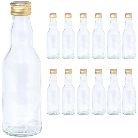Vitrea 12 botellas de cristal vacías de 200 ml, tapón de rosca, color dorado, botellas pequeñas para rellenar con tapa, para zumo, bebidas, licor, aceite, salsas, jarabe, 12 unidades, PP28