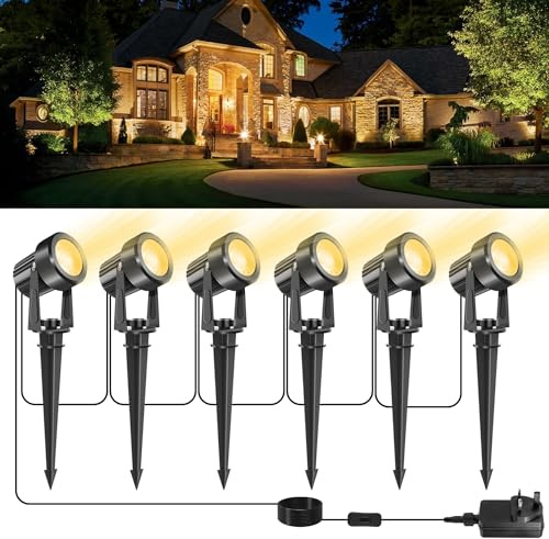 NATPOW Garden Spot Lights, Christmas Pathway Lights Mains Powered, Warm White LED Outdoor Landscape Spike Lights with Adapter, IP65 Waterproof 5V Spotlights for Christmas Decorations,Driveway(6-in-1)