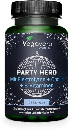 Party Hero Hangover Kit | 60 Tabletten | 14 natürliche Inhaltsstoffe | Elektrolyte, Vitamine, Cholin und Kudzu | Vegan | Vegavero