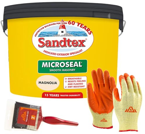 PERFECTONISH Sandtex Mircoseal Magnolia 7.5L Smooth Masonry 3 Paint Brush & Safety Gloves