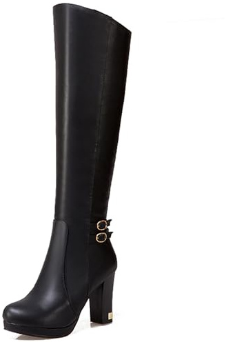 Asterisco Botas Altas Hasta La Rodilla con Tacón de Bloque Para Mujer con Plataforma Tacón Alto Botas Punta Rojoonda Zip Botas de Vestir, M179930Xr Negro Talla 39 EU/40Cn