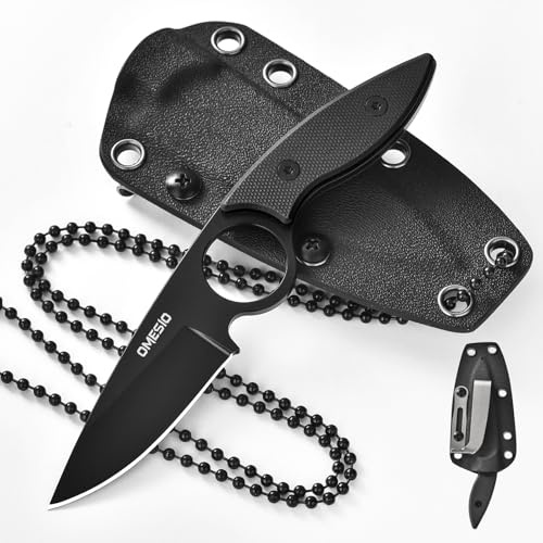 Omesio Cuchillo De Cuello S-SY, Acero 5CR13MOV, 6 cm De Longitud De Hoja, Espiga Completa, Mango G10, Cuchillo Pequeño Con Funda Kydex, Cadena De Bolas Y Clip Para Cinturón, EDC Negro Completo