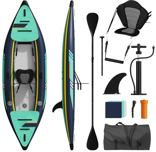 AQUAVEVOR Inflatable Kayak 1 Person for Adults, 10.3FT Foldable Fishing Kayak with Paddle, Seat with Backrest, Manual Air Pump, Repair Kit, 300LBS Weight Capacity Touring Kayak for Lakes/Rivers