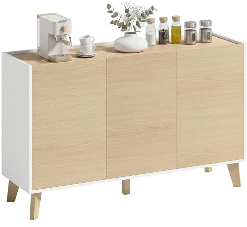 HOMCOM Credenza Cucina, Mobile Cucina con 3 Ante Soft-Close, 6 Scomparti, Base Rialzata, Stile Nordico, Mobile Buffet per Soggiorno, Sala da Pranzo, 120x35x73.5 cm, Color Legno e Bianco