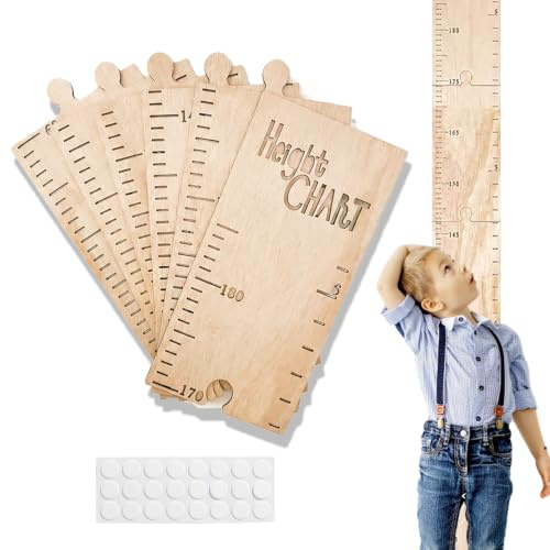 Mätsticka för barn i trä 40–180 cm, pusselmodell för barnrum | Längdmätare i naturträ med pusseldesign. 6-delat set för barnrum, unisex för pojkar och flickor