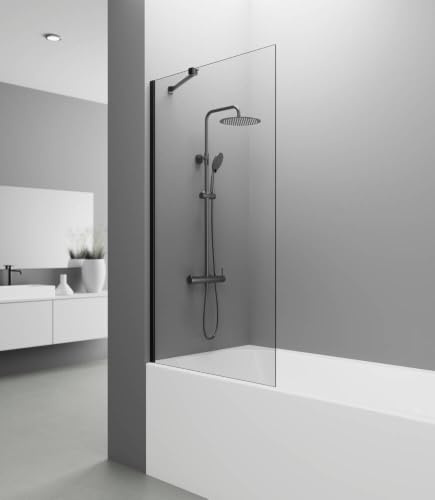 GME - Mampara Bañera Fija Negro Mate 85cm Frontal con Brazo de Sujeción | Mampara de Cristal Antical y Perfilería de Aluminio con 150cm de Altura | Vidrio con Grosor 8mm