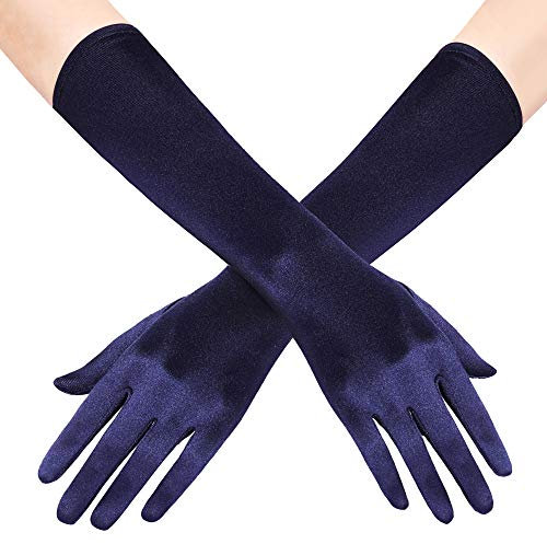 Coucoland Audrey Hepburn Gants pour femme en satin Classic Opera Fest Party Audrey Hepburn années 1920 Gants longs courts élastiques, Long lisse 38 cm bleu marine, taille unique
