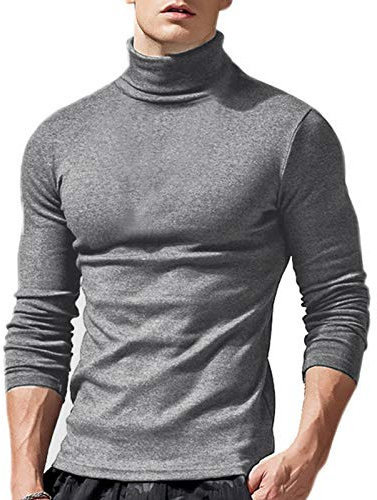 Top Camiseta de Manga Larga para Hombre Polo Camisa Adecuada de Cuello Alto T-Shirt Cálido Slim de Color sólido Otoño Invierno (Gris, M)