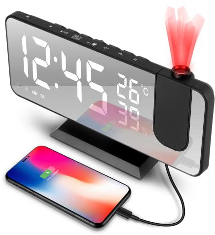 tEEZErshop Sveglia con Proiettore 180°,4-Regolazione della Luminosità,FM Radiosveglia,Sveglia da Comodino con Volume Dell'allarme Regolabile, Temperatura, Snooze(Interfaccia USB)