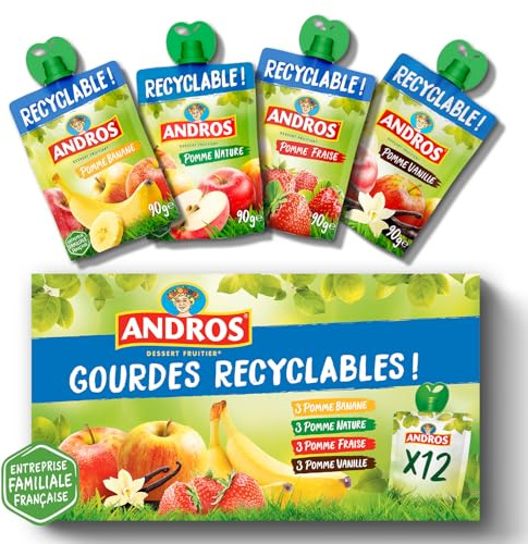 ANDROS - Compote de Fruit - Gourde Recyclable - Allégé - Goût Vanille + Fraise Banane - Idéal pour le Goûter des Enfants - Lot de 12