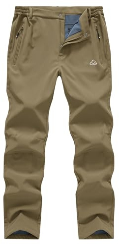 YSENTO Mens Waterproof Fleece Lined Walking Hiking Trousers Winter Softshell Windproof Ski Pants with Zip Pockets(Khaki,34)