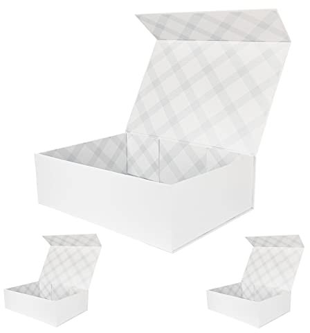 Tekhoho 3er Pack Weiß Großer Geschenkkarton 33x23.7x10 cm, Premium Geschenkkarton mit Magnetischem Deckel für Feiertage Hochzeit Geburtstag Geschenkverpackung, Kariertes Innenfutter
