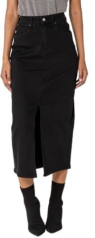 Nina Carter P215 dam hög midja vadlång jeanskjol med slits fram lång kjol dragkedja stretch använd look, Svart (P215-8), XL