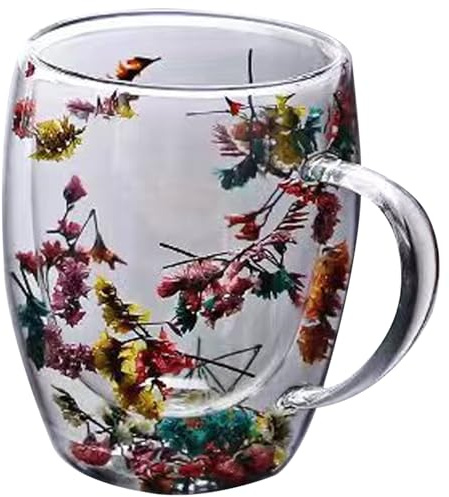 Dubbelväggiga glasmuggar dubbelväggiga glasmuggar kaffeglas 350 ml glas kaffemuggar genomskinliga torkade blommor kaffekoppar med anti-skållningshandtag glaskoppar för varma drycker, te, mjölk typ 2