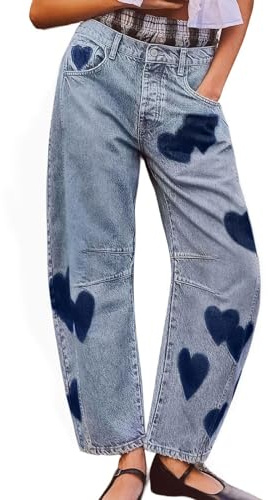 TERAZUNO Vaqueros Boyfriend para Mujer Ocio 7/8 De Longitud Corazón Ropa Informal con Estampado Jeans Tiro Medio Sueltos Holgados Pantalones de Tobillo Hip Hop Harajuku Jeggings Vintage Versátiles Jea