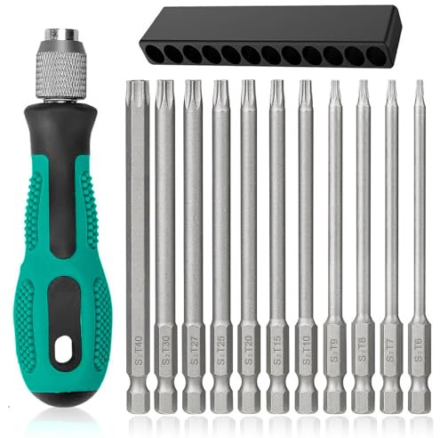13 Stück Torx Schraubendreher Set, 1/4 100mm Lang Schraubendreher Bit, Magnetische Torx Sternenkopf Schraubenziehe, mit Loch S2 Elektrische Schraubendreher Bitsatz, T6-T40 für Akkuschrauber